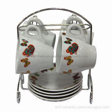 180cc Porcelain Cups and Saucers with Iron Stand Pack, Dishwasher- and Microwave-safe